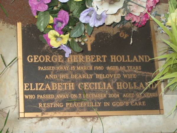 George Herbert HOLLAND,  | died 15 March 1980 aged 60 years;  | Elizabeth Cecilia HOLLAND,  | wife,  | died 7 Dec 2004 aged 92 years;  | Lawnton cemetery, Pine Rivers Shire  | 