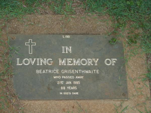Beatrice GRISENTHWAITE,  | died 21 Jan 1985 aged 88 years;  | Lawnton cemetery, Pine Rivers Shire  | 
