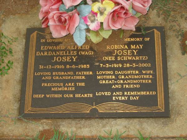 Edward Alfred Dardanelles (Wag) JOSEY,  | 31-12-1916 - 8-6-1985,  | husband father grandfather;  | Robina May JOSEY (nee SCHWARTZ),  | 7-3-1919 28-3-2002,  | daughter wife mother grandmother great-grandmother;  | Lawnton cemetery, Pine Rivers Shire  | 
