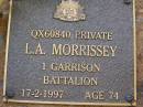 L.A. MORRISSEY, died 17-2-1997 aged 74 years; Lawnton cemetery, Pine Rivers Shire 