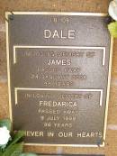 
James DALE,
died 24 Jan 2004 aged 98 years;
Fredarica DALE,
died 9 July 1998 aged 86 years;
Lawnton cemetery, Pine Rivers Shire
