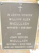 William Alex MCCULLAGH, 4-11-1913 - 4-8-1997; Joan Monica MCCULLAGH, 12-11-1921 - 20-6-1986; Lawnton cemetery, Pine Rivers Shire 