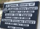 James Henry EBERT, 9-8-1901 - 24-2-1983; Alice Ada EBERT, 17-5-1903 - 23-2-1998; Daphne Eveline EBERT, 7-2-1932 - 26-1-1935; Lawnton cemetery, Pine Rivers Shire 