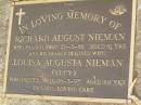 
Richard August NIEMAN,
died 20-3-88 aged 81 years;
Louisa Augusta (Lucy) NIEMAN,
wife,
died 26-3-97 aged 101 years;
Lawnton cemetery, Pine Rivers Shire
