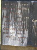 Christian Friedrich KRIESCH, father, died 15 Jan 1899 aged 59 years; Christine Justine, wife, died 20 Aug 1925 aged 83 years; Christain Friedrich, son, died 31 Jan 1903 aged 35 years; Lawnton cemetery, Pine Rivers Shire 