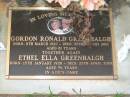 
Gordon Ronald GREENHALGH,
born 8 March 1920,
died 20 Aug 2001 aged 81 years;
Ethel Ella GREENHALGH,
born 15 Jan 1928,
died 25 April 2004 aged 76 years;
Lawnton cemetery, Pine Rivers Shire
