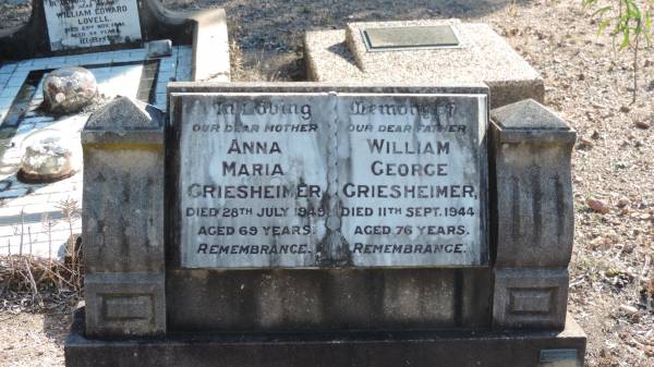 Anna Maria GRIESHEIMER  | d: 28 Jul 1949 aged 69  |   | William George GRIESHEIMER  | d: 11 Sep 1944 aged 76  |   | Leyburn Cemetery  | 