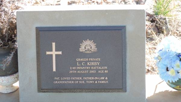 L. C. KIRBY (Leslie Cyril)  | d: 29 Aug 2003 aged 80  |   | Pat (wife?)  | grandfather of Sue, Tony  |   | Leyburn Cemetery  | 