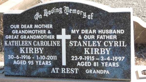 Stanley Cyril KIRBY  | b: 22 Sep 1915  | d: 3 Apr 1997 aged 81  |   | Kathleen Caroline KIRBY  | b: 30 Jun 1916  | d: 1 Oct 2011 aged 95  |   | Leyburn Cemetery  | 