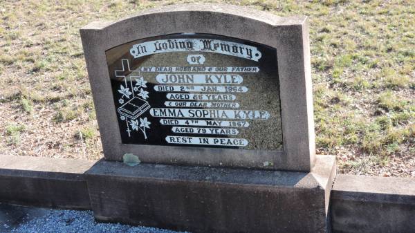 John KYLE  | d: 2 Jan 1964 aged 86  |   | wife:  | Emma Sophia KYLE  | d: 4 May 1967 aged 79  |   | Leyburn Cemetery  |   | 