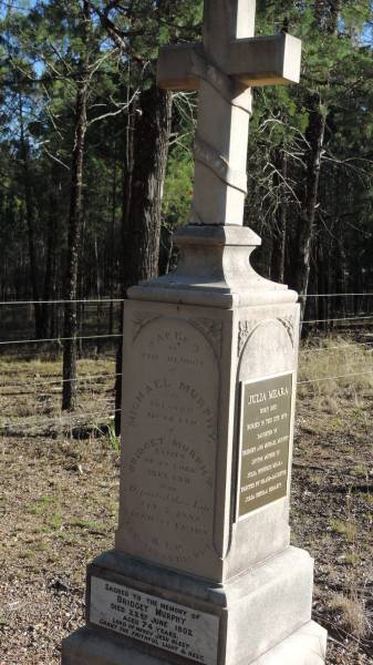 Michael MURPHY  | native of Cork Ireland  | d: 7 Jan 1888 aged 53  | Husband of Bridget MURPHY  |   | Bridget MURPHY  | d: 22 Jun 1902 aged 74  |   | Julia MEARA  | b: 1855  | buried 1878  | daughter of Bridget and Michael MURPHY  | mother of Julia Winifred MEARA  | granddaughter Julia (Sheila) HEGARTY  |   | Leyburn Cemetery  |   | 