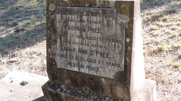 John O'PHEE  | d: 7 Dec 1921 aged 91  |   | Sarah Ann O'PHEE  | d: 23 Dec 1933 aged 77  |   | Leyburn Cemetery  |   | 