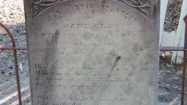 Jane CLAY  | d: 16 Apr 1886 aged 74 at Leyburn  |   | John Charles CLAY  | d: 11 Feb 1884 aged 70 at Leyburn  |   | Leyburn Cemetery  |   | 