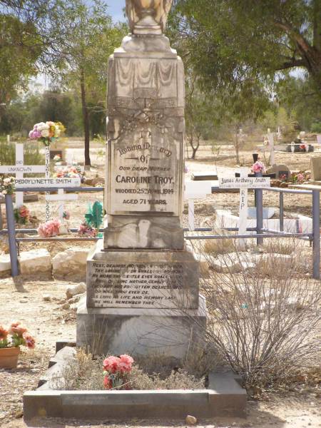 Grave of Caroline Troy,  | 25 Apr 1914 aged 71  |   | Peggy Lynette SMITH  |   | James Anthony SMITH  | d: 10 Oct 1972 aged 11 mo  |   | Cemetery, Lightning Ridge, New South Wales  | 