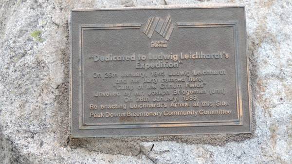 Dedicated to Ludwig Leichhardt'd Expedition   | On 26th Jan 1845 Ludwig Leichhardt and his party camped here  |  Camp of the Crinum Fields   |   | Lilyvale Cemetery  |   | 