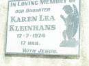 Karen Lea KLEINHANS, daughter, died 17-7-1974, aged 17 hours; Lockrose Green Pastures Lutheran Cemetery, Laidley Shire 