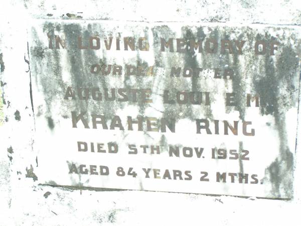 Auguste Louise M. KRAHENBRING,  | died 5 Nov 1952 aged 84 years 2 months;  | Lockrose Green Pastures Lutheran Cemetery, Laidley Shire  | 