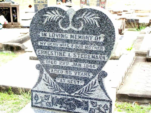 Ernestine I. STEGEMANN, wife mother,  | died 29 Jan 1944 aged 55 years;  | Lockrose Green Pastures Lutheran Cemetery, Laidley Shire  | 