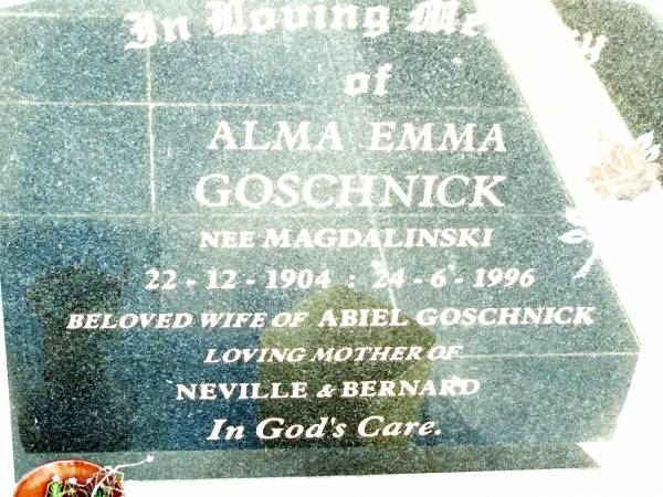 Alma Emma GOSCHNICK (nee MAGDALINSKI),  | 22-12-1904 - 24-6-1996,  | wife of Abiel GOSCHNICK,  | mother of Neville & Bernard;  | Lockrose Green Pastures Lutheran Cemetery, Laidley Shire  | 