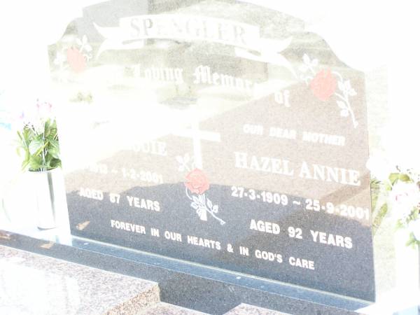 Harold Louie SPENGLER,  | 1-8-1913 - 1-2-2001 aged 87 years;  | Hazel Annie SPENGLER, mother,  | 27-3-1909 - 25-9-2001 aged 92 years;  | Lockrose Green Pastures Lutheran Cemetery, Laidley Shire  | 