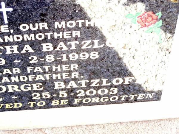 Annie Bertha BATZLOFF, wife mother grandmother,  | 25-8-1919 - 2-8-1998;  | John St George BATZLOFF, father grandfather,  | 23-4-1914 - 25-5-2003;  | Lockrose Green Pastures Lutheran Cemetery, Laidley Shire  | 
