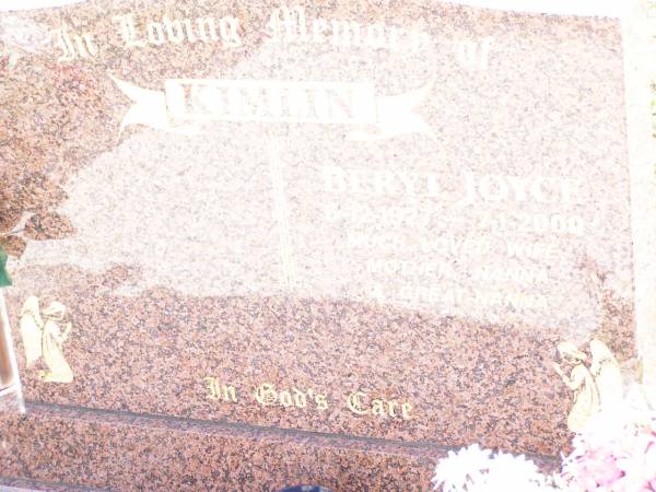 Beryl Joyce KIMLIN,  | wife mother nanna great-nanna,  | 6-12-1927 - 7-1-2000;  | Lockrose Green Pastures Lutheran Cemetery, Laidley Shire  | 