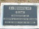 
Elsie daughter of Joseph and Elizabeth WEARING, 29-8-1896 - 14-9-1896;
Logan Village Cemetery, Beaudesert
