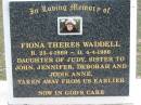 
Fiona Theres WADDELL,
born 23-4-1969 died 4-4-1986,
daughter of Judy, sister to John, Jennifer, Deborah & Judie Anne;
Logan Village Cemetery, Beaudesert

