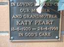 
mother grandmother Katy PEART 18-8-1920 - 24-4-1998;
Logan Village Cemetery, Beaudesert
