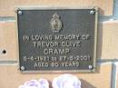
Trevor Clive CRAMP 5-4-1921 - 27-5-2001 aged 80 years;
Logan Village Cemetery, Beaudesert

