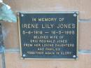 
Irene Lily JONES,
5-6-1916 - 16-5-1995,
wife of Eric Reginald JONES, daughters & families;
Logan Village Cemetery, Beaudesert
