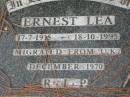 
Ernest LEA, 17-7-1915 - 18-10-1995, migrated from UK December 1970;
Logan Village Cemetery, Beaudesert Shire
