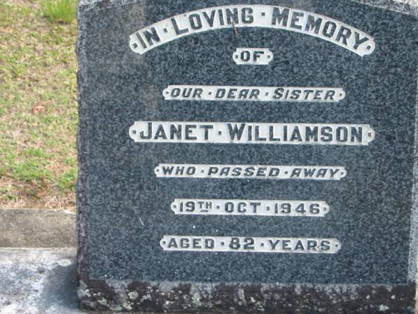 sister Janet WILLIAMSON died 19 Oct 1946 aged 82 years;  | Logan Village Cemetery, Beaudesert  | 
