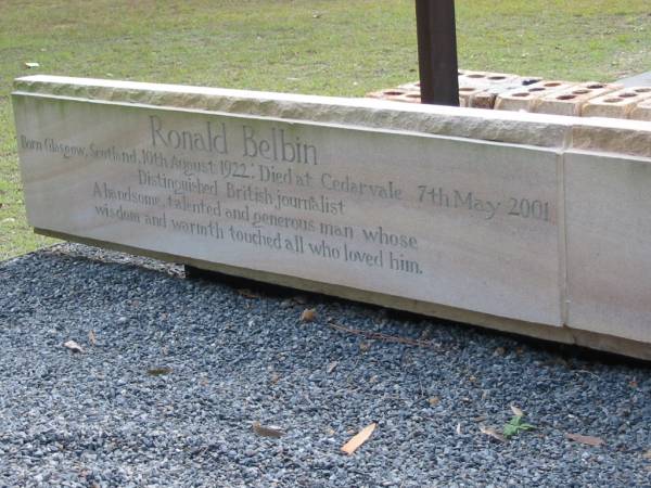 Ronald BELBIN, born Glasgow Scotland 10 Aug 1922, died Cedarvale 7 May 2001,  | Logan Village Cemetery, Beaudesert  | 