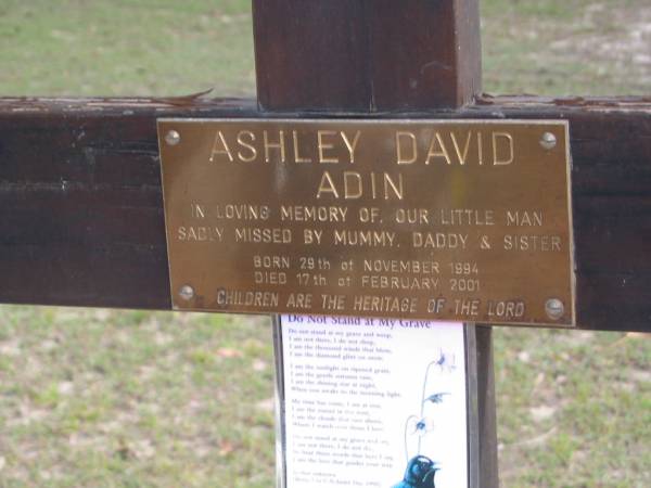 Ashley David ADIN, born 29 Nov 1994 died 17 Feb 2001;  | Logan Village Cemetery, Beaudesert  | 