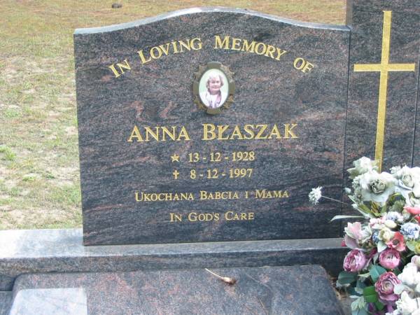 Anna BLASZAK, 13-12-1928 - 8-12-1997;  | Antoni BLASZAK, 11-6-1911 - 14-9-1991;  | Logan Village Cemetery, Beaudesert  | 