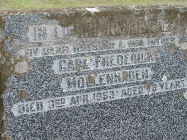husband father Carl Frederick MOLLENHADEN, died 3 Apr 1953 aged 73 years;  | Logan Village Cemetery, Beaudesert  | 