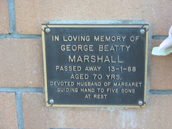 George Beatty MARSHALL,  | died 13-1-88 aged 70 years,  | husband of Margaret, five sons;  | Logan Village Cemetery, Beaudesert  | 