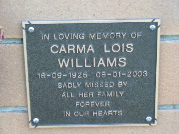 Carma Lois WILLIAMS, 16-09-1925 - 08-01-2003;  | Logan Village Cemetery, Beaudesert  | 