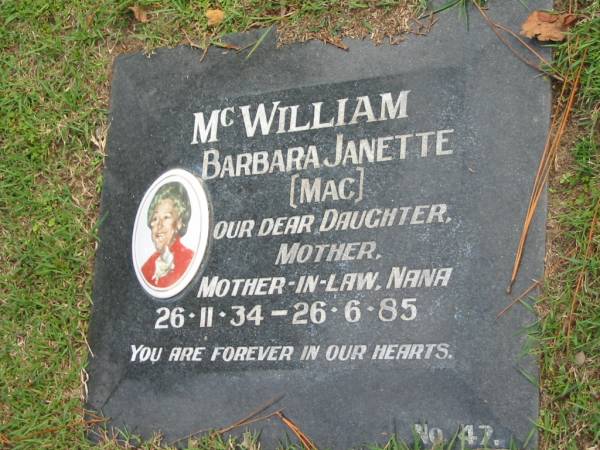 Barbara Janette (Mac) McWILLIAM, B: 26 Nov 1934, D: 26 Jun 1985  | Logan Village Cemetery, Beaudesert  | 