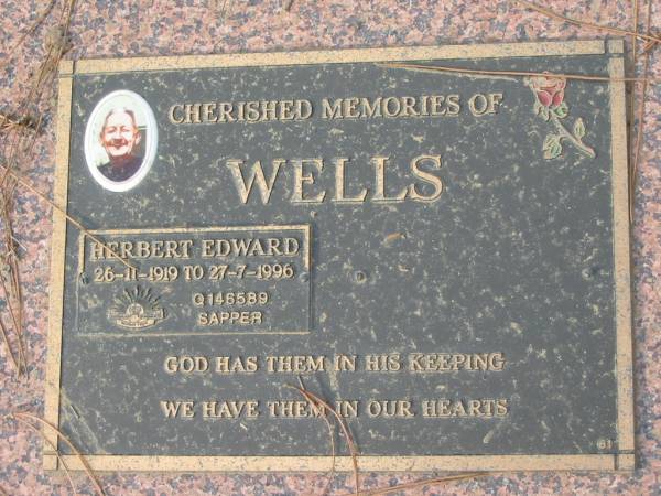 WELLS;  | Herbert Edward, 26-11-1919 - 27-7-1996, sapper;  | Logan Village Cemetery, Beaudesert Shire  | 