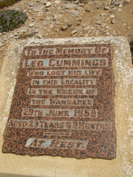 Leo CUMMINGS memorial,  | d: 29 Jun 1959 ages 23 y in the wreck of the Wangaree  | near Kiana,  | between Coffin Bay and Elliston,  | Eyre Peninsula,  | South Australia  | 