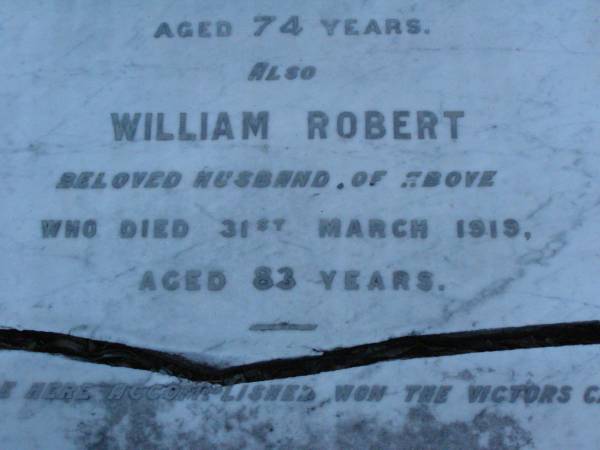 Ann,  | wife of William Robert OXENFORD,  | died 13 Oct 1911 aged 74 years;  | William Robert,  | husband,  | died 31 March 1919 aged 83 years;  | Lower Coomera cemetery, Gold Coast  | 