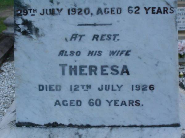 John DONALD,  | died 29 July 1920 aged 62 years;  | Theresa,  | wife,  | died 12 July 1926 aged 60 years;  | daughters;  | Lilian DONALD,  | 3 May 1902 - 3 Dec 1977;  | Daisy OXENFORD,  | 9 Sept 1899 - 15 May 1983;  | Lower Coomera cemetery, Gold Coast  | 