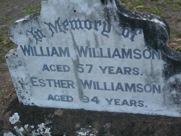 William Williamson,  | aged 57 years;  | Esther Williamson,  | aged 94 years;  | George Amos DAY,  | died 6 Dec 1964 aged 87 years;  | Lower Coomera cemetery, Gold Coast  | 