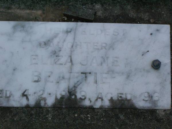 John BEATTIE,  | born Co Tyrone Ireland 1838,  | died Coomera 9 July 1923 aged 85 years;  | George BEATTIE,  | son,  | killed in action Albert France  | 28 March 1918 aged 29 years;  | Edwin BEATTIE,  | son,  | died Codford England 1 Jan 1917 aged 22 years;  | Mary Elizabeth BEATTIE,  | wife mother,  | died 16 May 1946 aged 93 years;  | Eliza Jane BEATTIE,  | eldest daughter,  | died 4-2-1969 aged 96 years;  | Lower Coomera cemetery, Gold Coast  | 