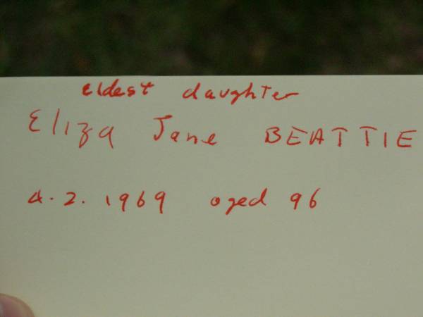 John BEATTIE,  | born Co Tyrone Ireland 1838,  | died Coomera 9 July 1923 aged 85 years;  | George BEATTIE,  | son,  | killed in action Albert France  | 28 March 1918 aged 29 years;  | Edwin BEATTIE,  | son,  | died Codford England 1 Jan 1917 aged 22 years;  | Mary Elizabeth BEATTIE,  | wife mother,  | died 16 May 1946 aged 93 years;  | Eliza Jane BEATTIE,  | eldest daughter,  | died 4-2-1969 aged 96 years;  | Lower Coomera cemetery, Gold Coast  | 