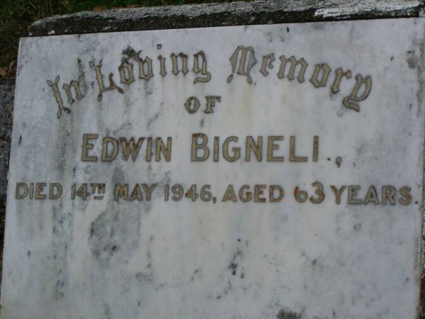 Edwin BIGNELL,  | died 14 May 1946 aged 63 years;  | Lower Coomera cemetery, Gold Coast  | 