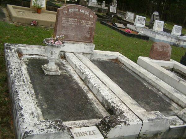 August Carl Friederich HINZE,  | husband father,  | died 1 July 1949 aged 69 years;  | Georgina Ann HINZE (nee DODDS),  | wife mother,  | died 19 July 1964 aged 79 years;  | Lower Coomera cemetery, Gold Coast  | 