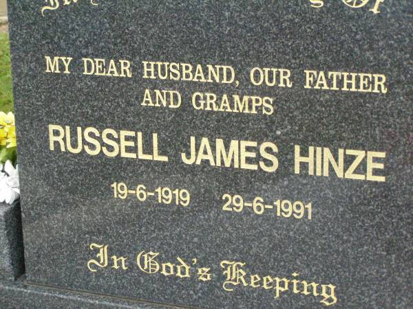Russell James HINZE,  | husband father gramps,  | 19-6-1919 - 29-6-1991;  | Lower Coomera cemetery, Gold Coast  | 